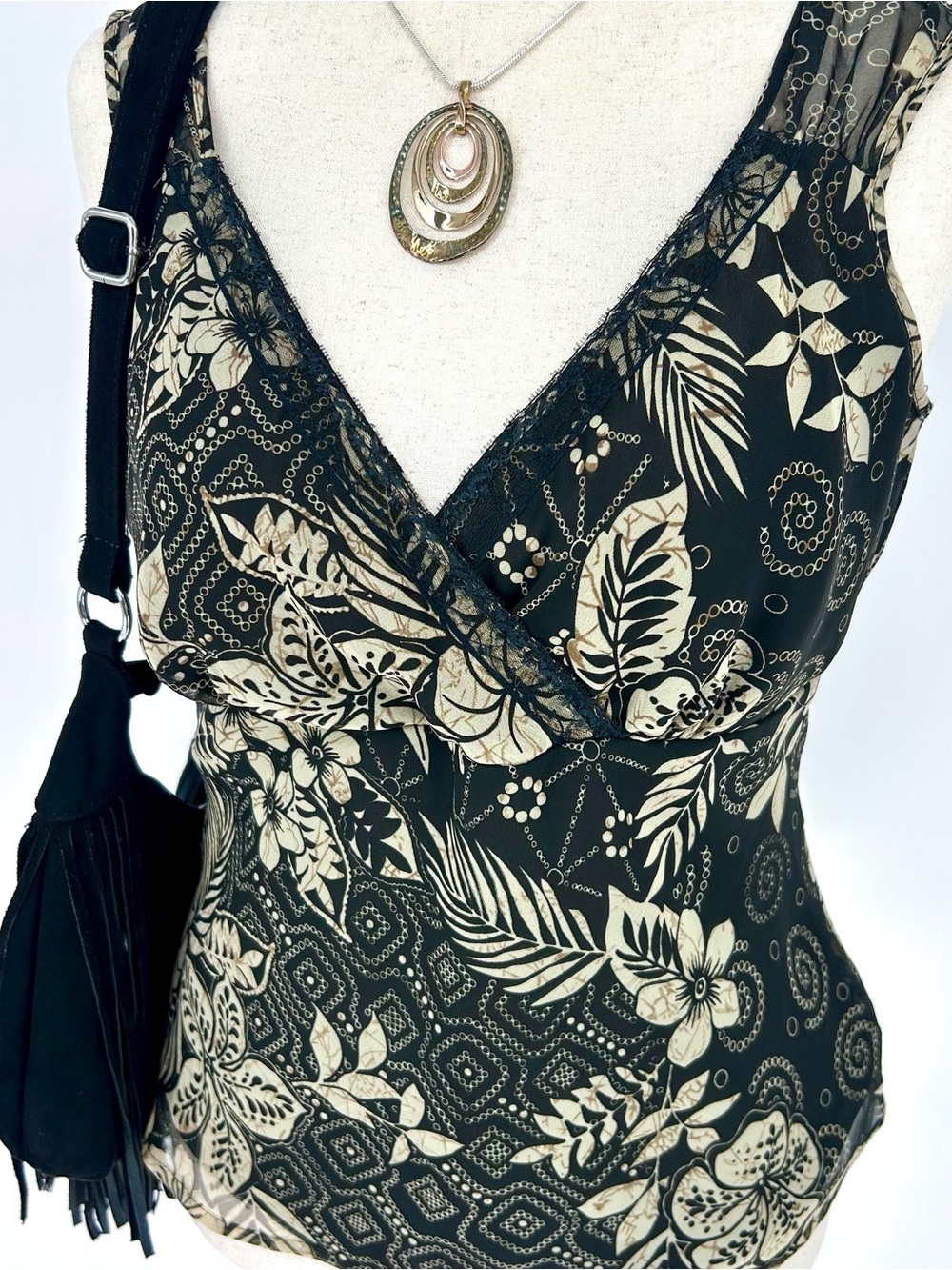 Y2K Black Sheer Floral Lace Trim Tank Top Boho Fairy Grunge